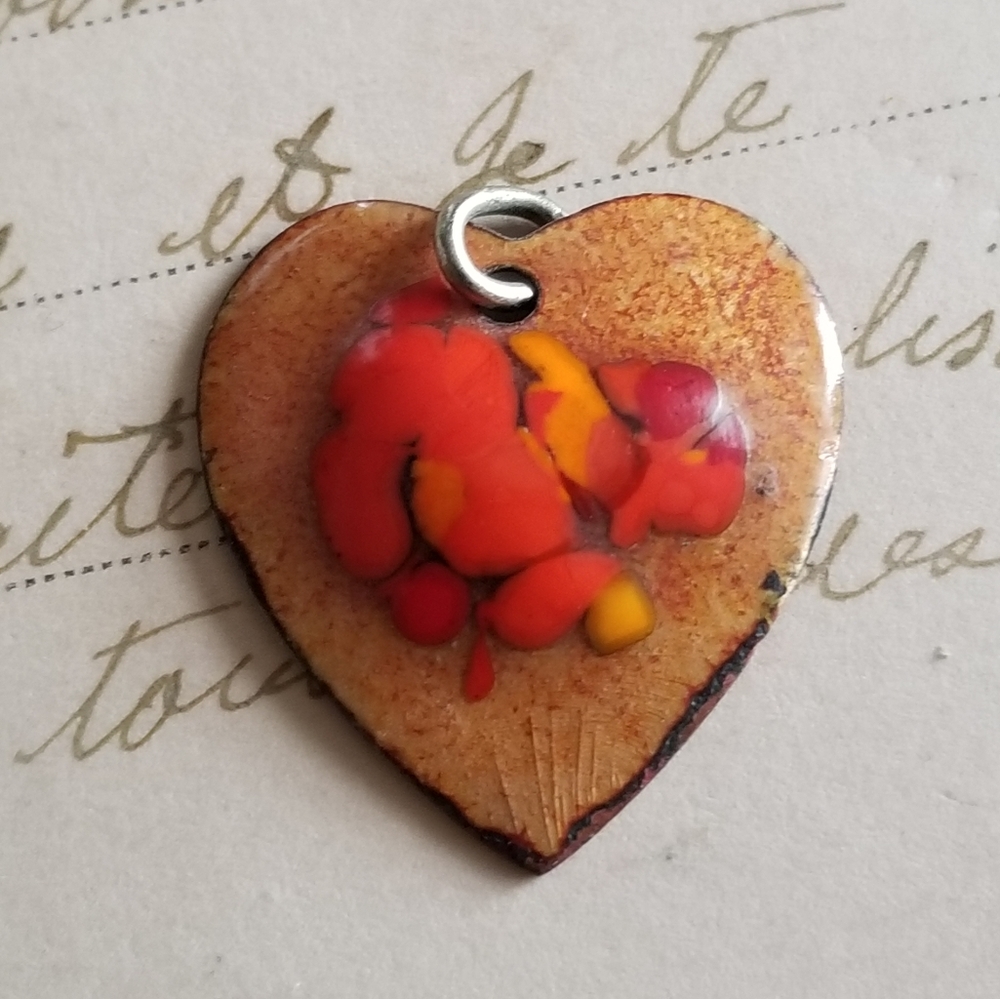 Vintage heart pendant charm orange and red enamel on copper